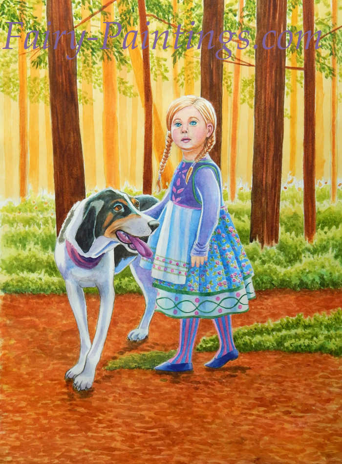 Blue and her hound in the forest Rachel M Brown
